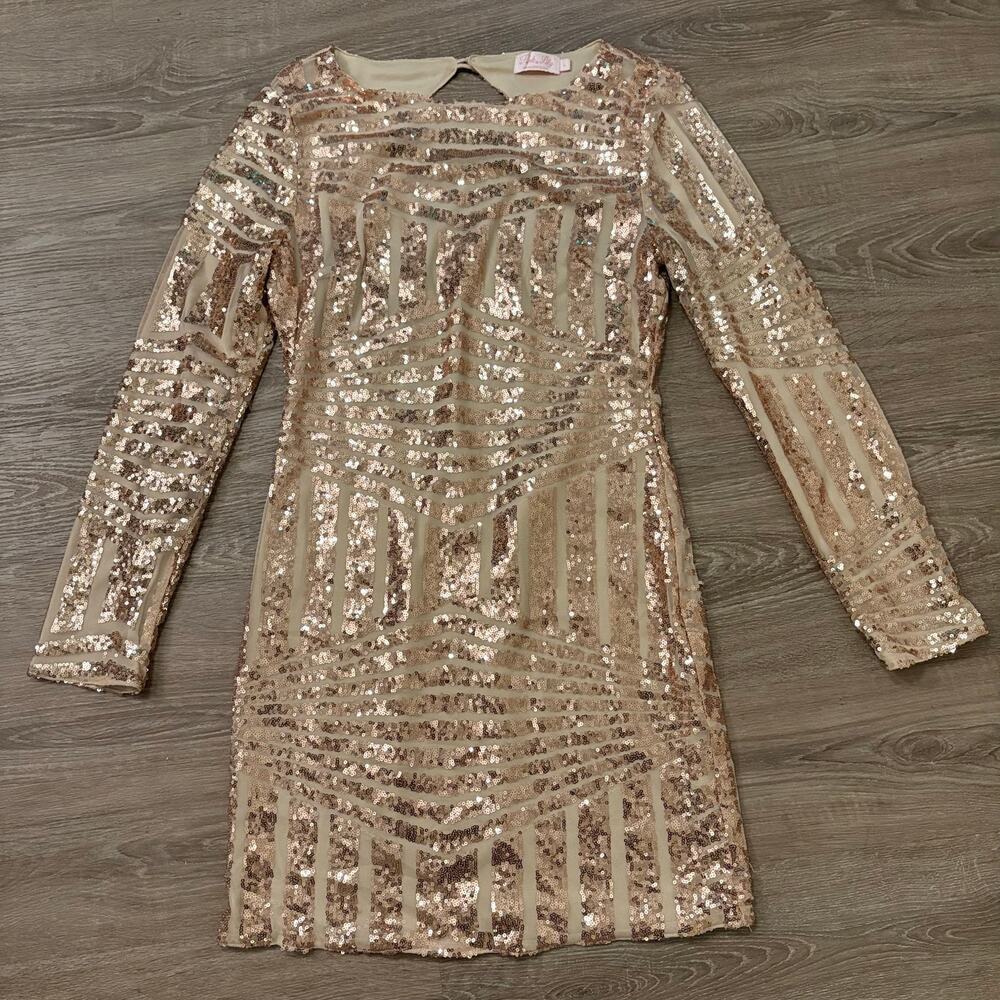 Pink Lily Champagne Sequin Open Back Bodycon Dress Size L - Picture 6 of 12